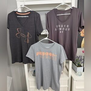 3 Under Amour Women’s T-Shirts. Dark Gray, Light gray & Dark Plum. Size L.